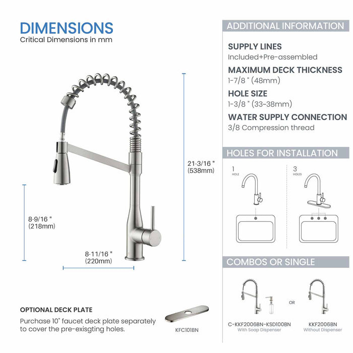 Kibi Largo Single Handle Pull Down Kitchen Faucet With Soap Dispenser in Brushed Nickel Finish - C-KKF2006BN-KSD100BN