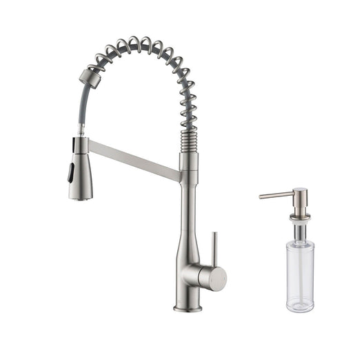 Kibi Largo Single Handle Pull Down Kitchen Faucet With Soap Dispenser in Brushed Nickel Finish - C-KKF2006BN-KSD100BN