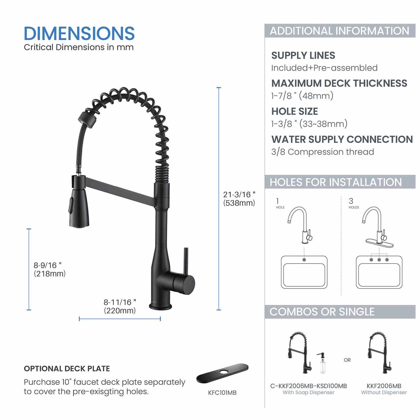 Kibi Largo Single Handle Pull Down Kitchen Faucet With Soap Dispenser in Matte Black Finish - C-KKF2006MB-KSD100MB