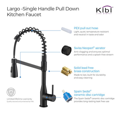 Kibi Largo Single Handle Pull Down Kitchen Faucet in Matte Black Finish - KKF2006MB