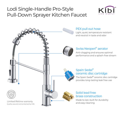 Kibi Lodi Single Handle High Arc Pull Down Kitchen Faucet In Chrome Finish - KKF2004CH
