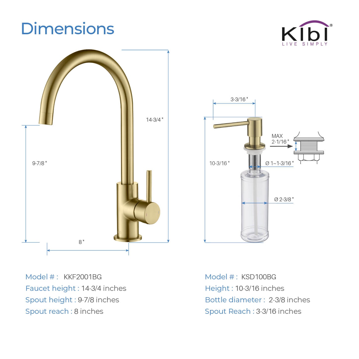 Kibi Lowa Single Handle High Arc Kitchen Bar Sink Faucet With Soap Dispenser in Brushed Gold Finish - C-KKF2001BG-KSD100BG