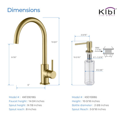 Kibi Lowa Single Handle High Arc Kitchen Bar Sink Faucet With Soap Dispenser in Brushed Gold Finish - C-KKF2001BG-KSD100BG