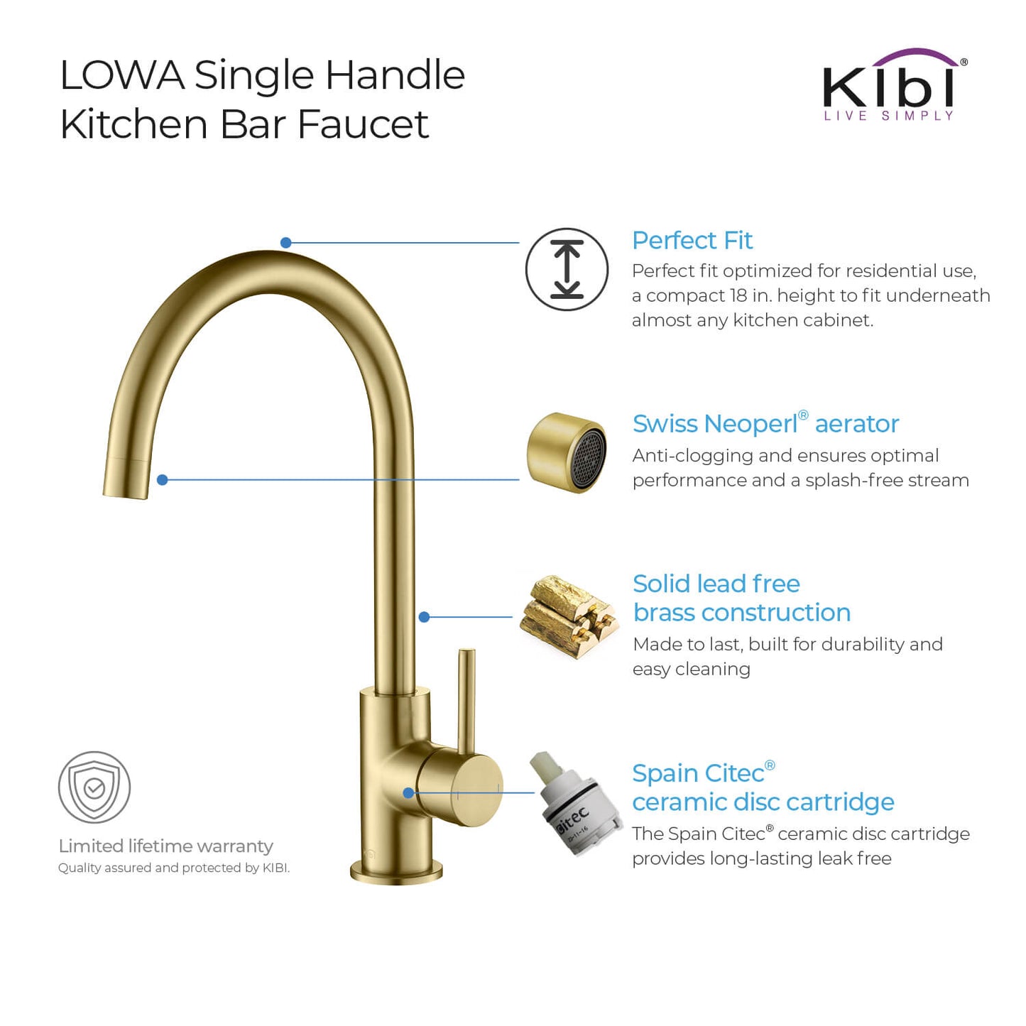 Kibi Lowa Single Handle High Arc Kitchen Bar Sink Faucet With Soap Dispenser in Brushed Gold Finish - C-KKF2001BG-KSD100BG