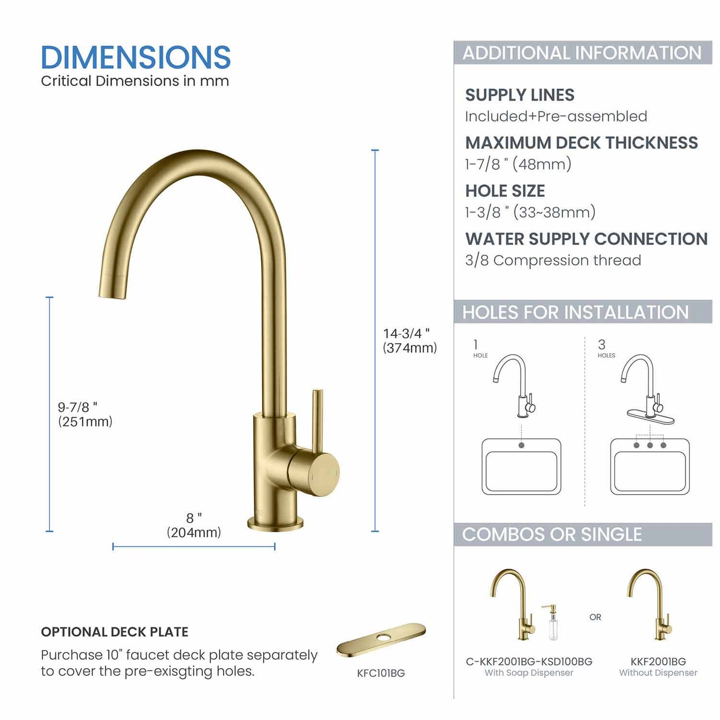 Kibi Lowa Single Handle High Arc Kitchen Bar Sink Faucet With Soap Dispenser in Brushed Gold Finish - C-KKF2001BG-KSD100BG