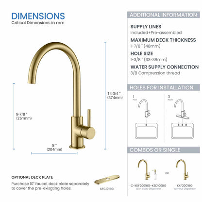 Kibi Lowa Single Handle High Arc Kitchen Bar Sink Faucet With Soap Dispenser in Brushed Gold Finish - C-KKF2001BG-KSD100BG