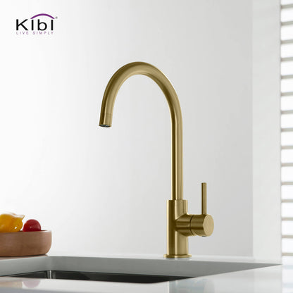 Kibi Lowa Single Handle High Arc Kitchen Bar Sink Faucet With Soap Dispenser in Brushed Gold Finish - C-KKF2001BG-KSD100BG