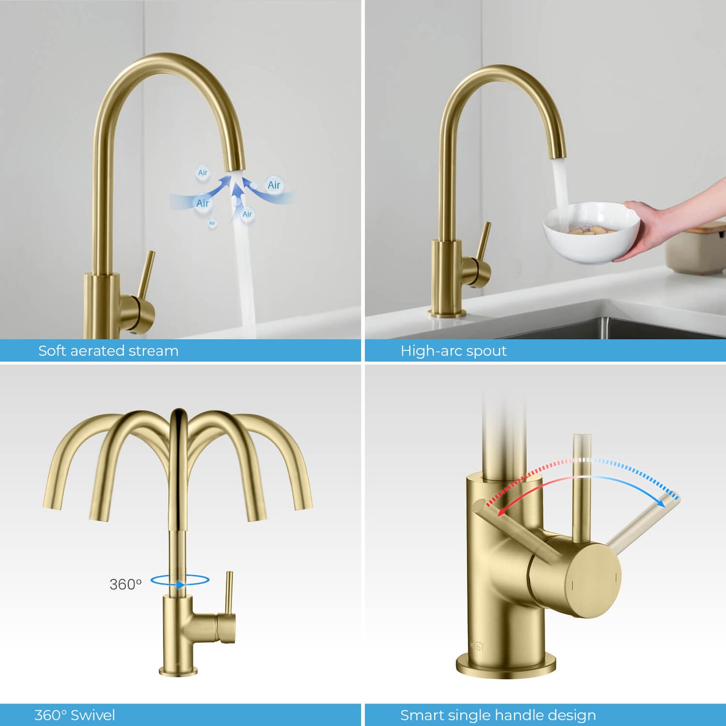 Kibi Lowa Single Handle High Arc Kitchen Bar Sink Faucet With Soap Dispenser in Brushed Gold Finish - C-KKF2001BG-KSD100BG