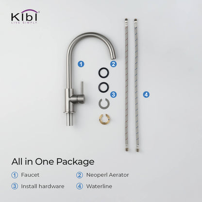 Kibi Lowa Single Handle High Arc Kitchen Bar Sink Faucet With Soap Dispenser in Brushed Nickel Finish - C-KKF2001BN-KSD100BN