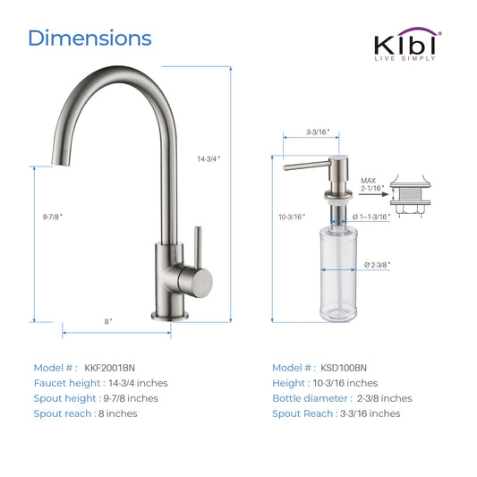 Kibi Lowa Single Handle High Arc Kitchen Bar Sink Faucet With Soap Dispenser in Brushed Nickel Finish - C-KKF2001BN-KSD100BN