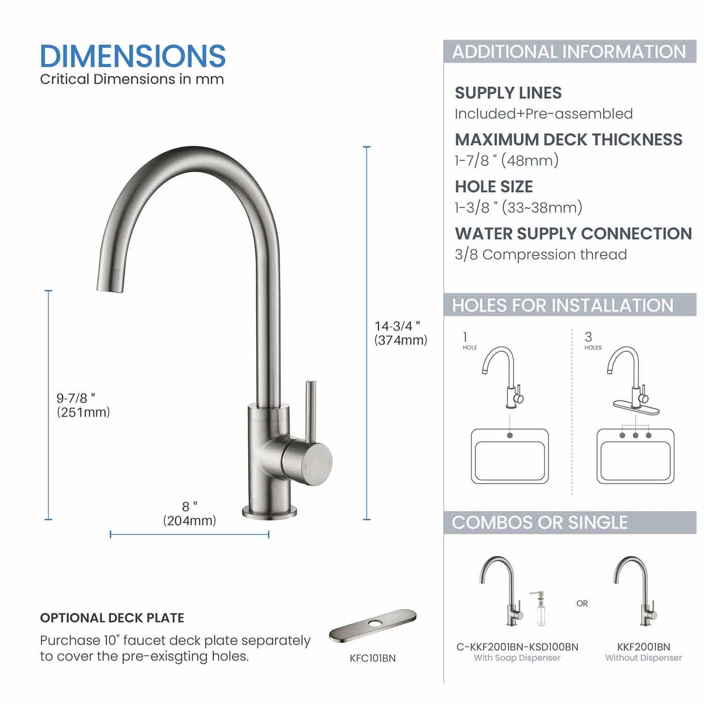 Kibi Lowa Single Handle High Arc Kitchen Bar Sink Faucet With Soap Dispenser in Brushed Nickel Finish - C-KKF2001BN-KSD100BN