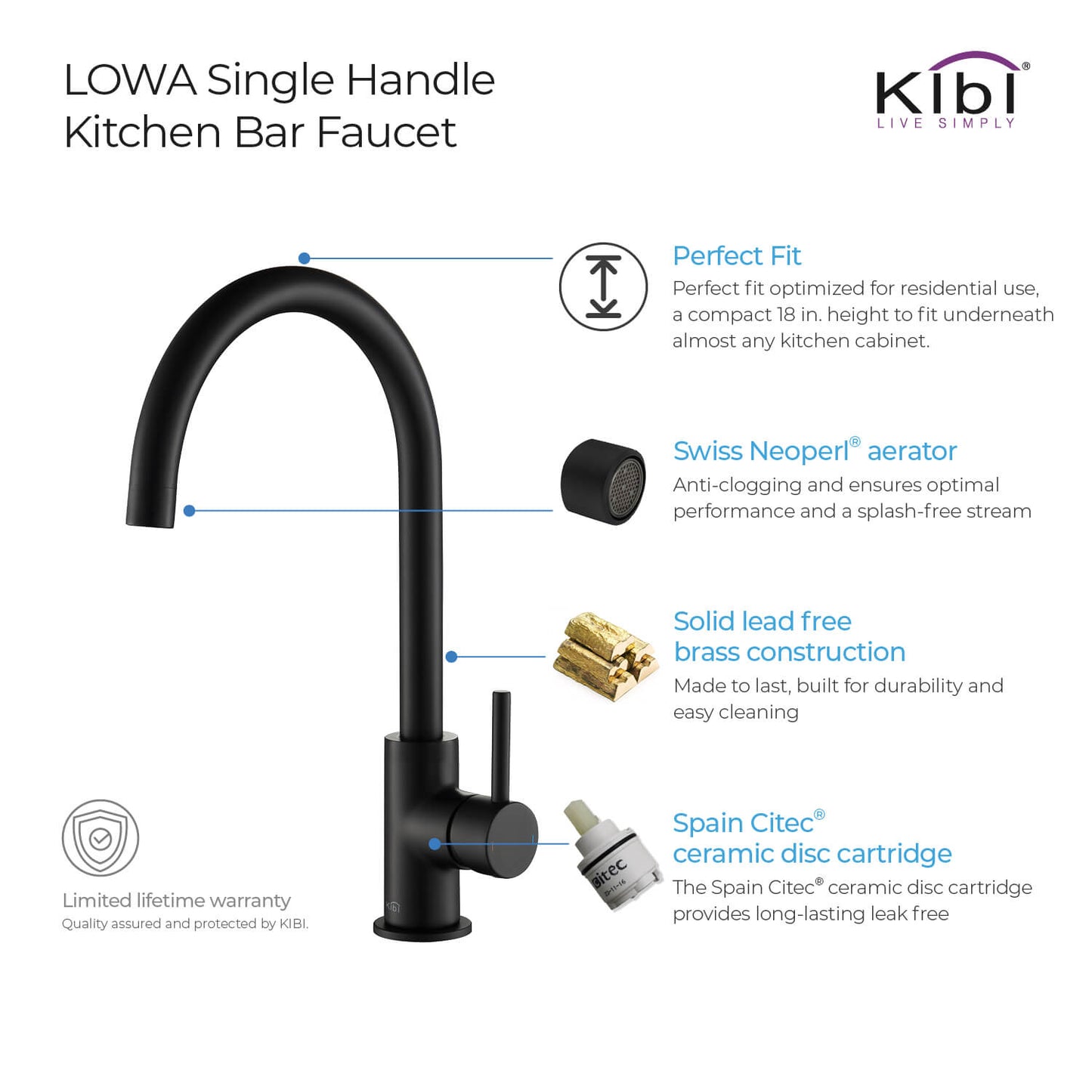 Kibi Lowa Single Handle High Arc Kitchen Bar Sink Faucet With Soap Dispenser in Matte Black Finish - C-KKF2001MB-KSD100MB