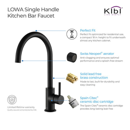 Kibi Lowa Single Handle High Arc Kitchen Bar Sink Faucet With Soap Dispenser in Matte Black Finish - C-KKF2001MB-KSD100MB