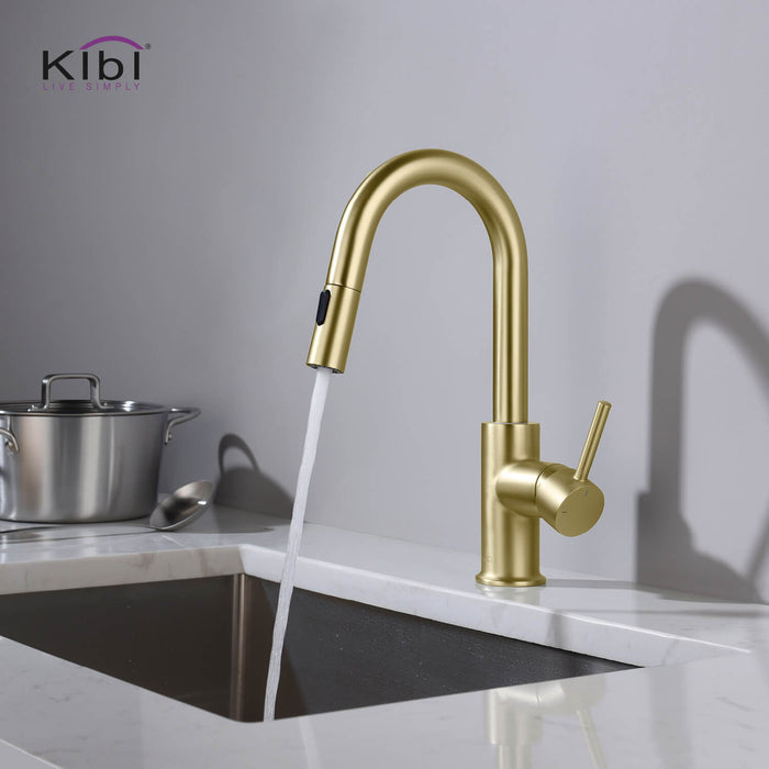 Kibi Luxe Single Handle High Arc Pull Down Kitchen Faucet With Soap Dispenser in Brushed Gold Finish - C-KKF2011BG-KSD100BG