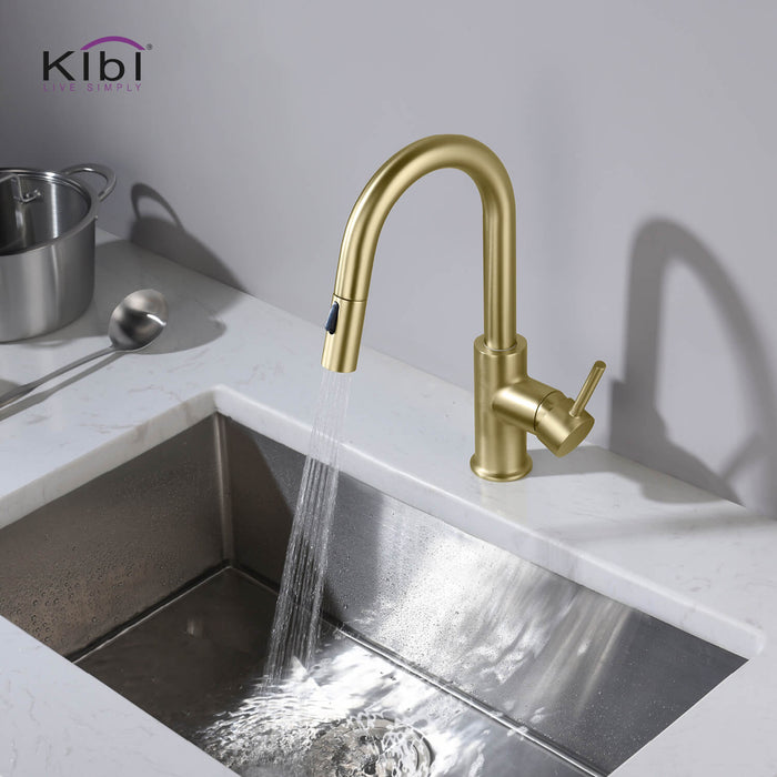 Kibi Luxe Single Handle High Arc Pull Down Kitchen Faucet With Soap Dispenser in Brushed Gold Finish - C-KKF2011BG-KSD100BG