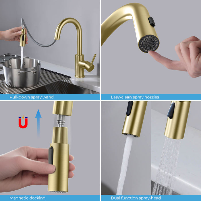 Kibi Luxe Single Handle High Arc Pull Down Kitchen Faucet With Soap Dispenser in Brushed Gold Finish - C-KKF2011BG-KSD100BG