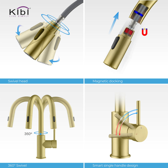 Kibi Luxe Single Handle High Arc Pull Down Kitchen Faucet With Soap Dispenser in Brushed Gold Finish - C-KKF2011BG-KSD100BG