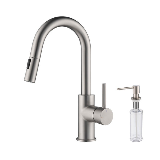 Kibi Luxe Single Handle High Arc Pull Down Kitchen Faucet With Soap Dispenser in Brushed Nickel Finish - C-KKF2011BN-KSD100BN