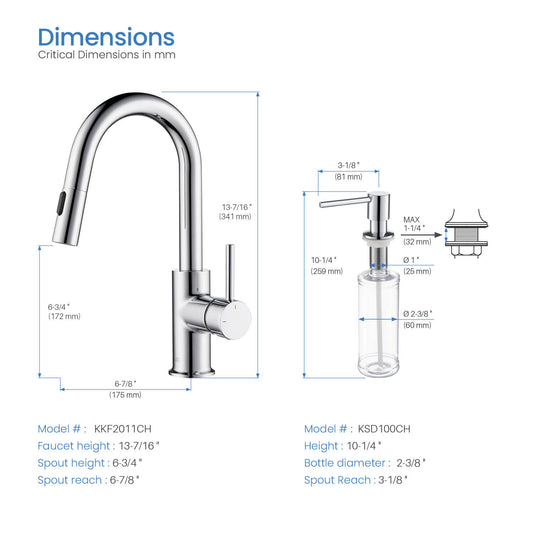 Kibi Luxe Single Handle High Arc Pull Down Kitchen Faucet With Soap Dispenser in Chrome Finish - C-KKF2011CH-KSD100CH