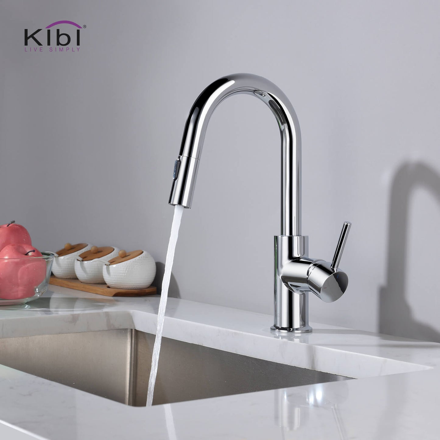 Kibi Luxe Single Handle High Arc Pull Down Kitchen Faucet With Soap Dispenser in Chrome Finish - C-KKF2011CH-KSD100CH
