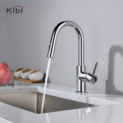Kibi Luxe Single Handle High Arc Pull Down Kitchen Faucet With Soap Dispenser in Chrome Finish - C-KKF2011CH-KSD100CH