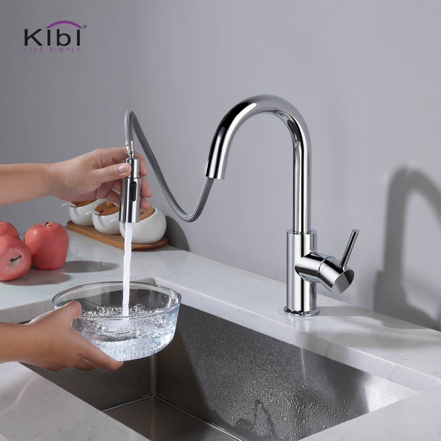 Kibi Luxe Single Handle High Arc Pull Down Kitchen Faucet With Soap Dispenser in Chrome Finish - C-KKF2011CH-KSD100CH