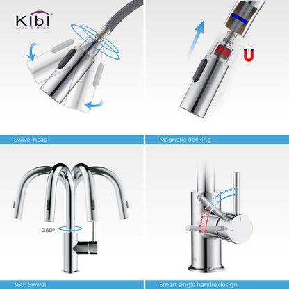 Kibi Luxe Single Handle High Arc Pull Down Kitchen Faucet With Soap Dispenser in Chrome Finish - C-KKF2011CH-KSD100CH
