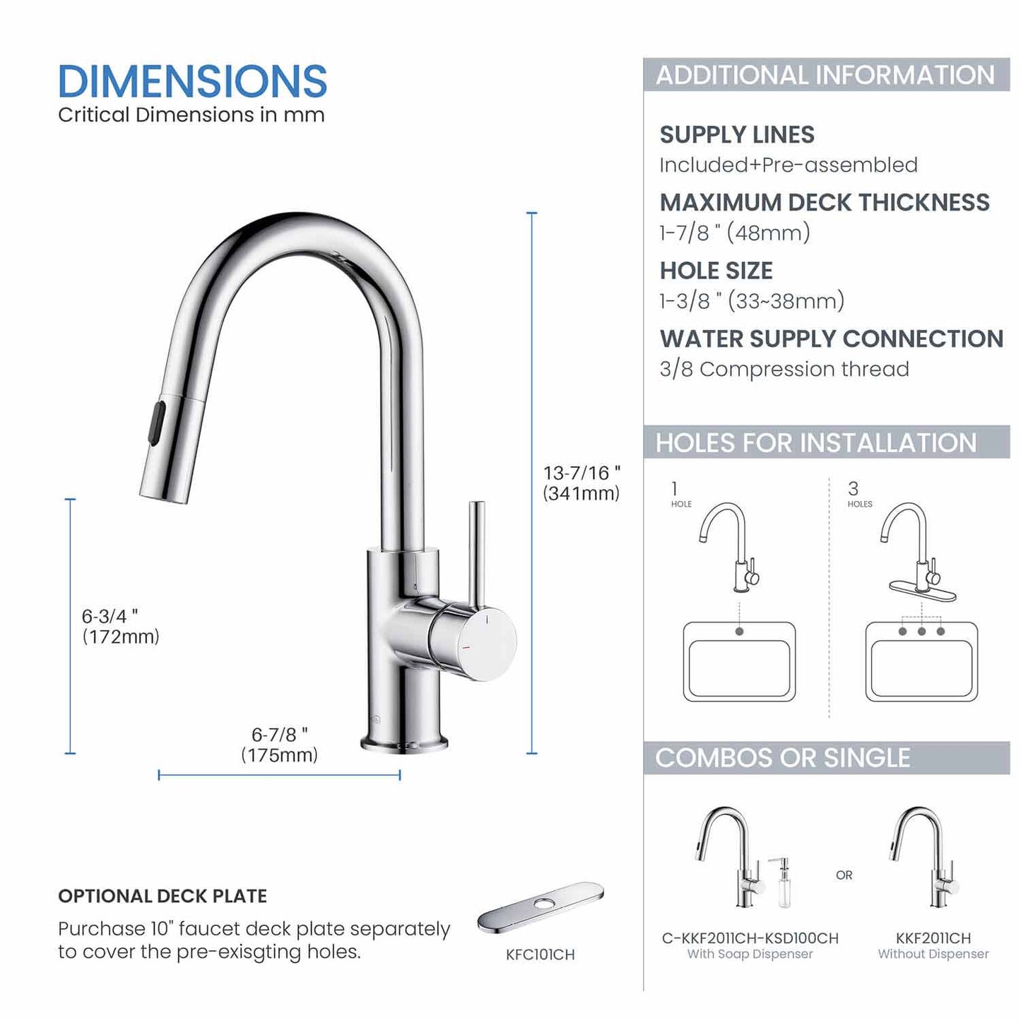 Kibi Luxe Single Handle High Arc Pull Down Kitchen Faucet With Soap Dispenser in Chrome Finish - C-KKF2011CH-KSD100CH