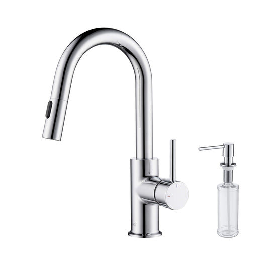 Kibi Luxe Single Handle High Arc Pull Down Kitchen Faucet With Soap Dispenser in Chrome Finish - C-KKF2011CH-KSD100CH