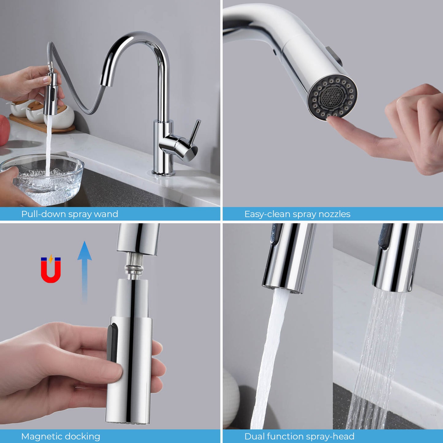 Kibi Luxe Single Handle High Arc Pull Down Kitchen Faucet in Chrome Finish - KKF2011CH