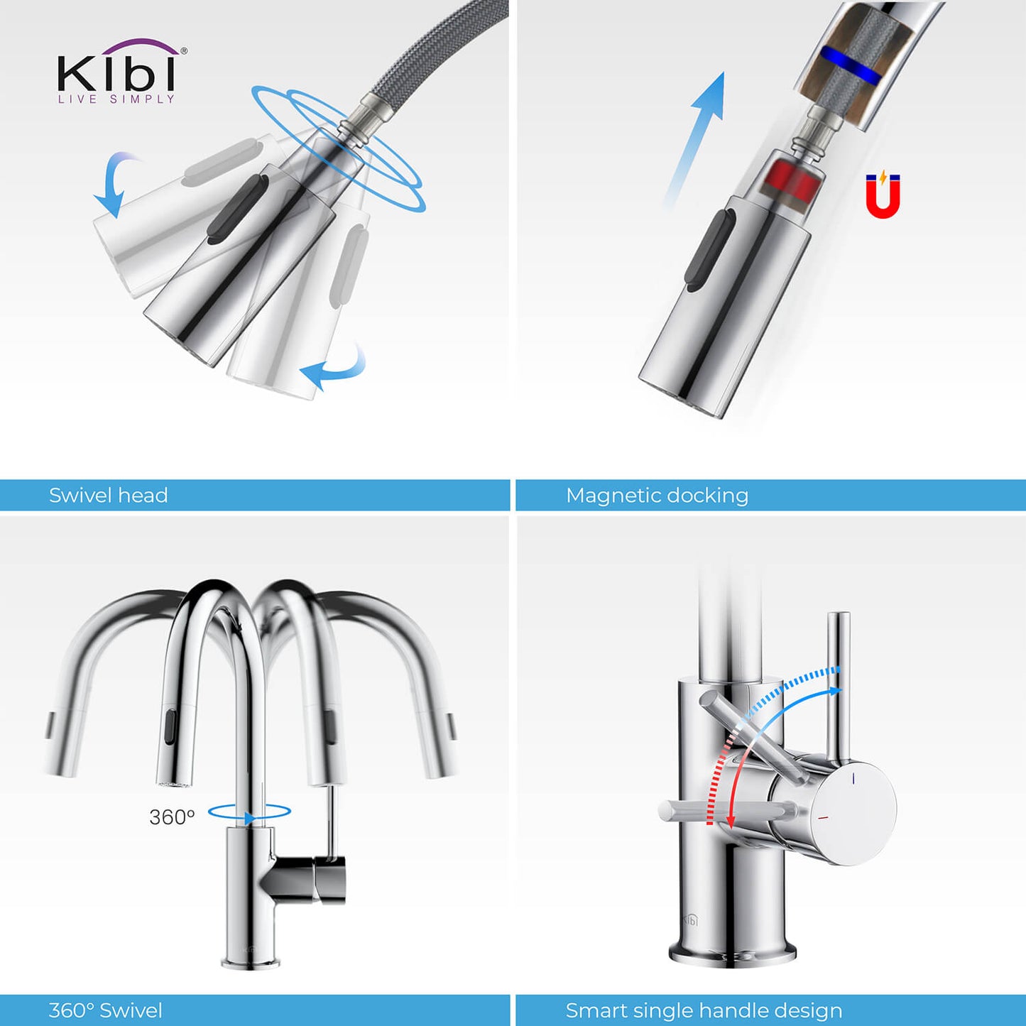 Kibi Luxe Single Handle High Arc Pull Down Kitchen Faucet in Chrome Finish - KKF2011CH