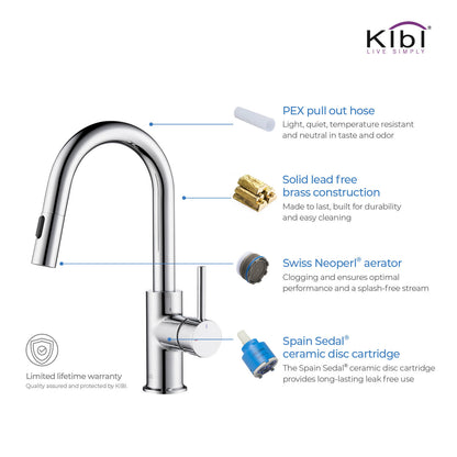 Kibi Luxe Single Handle High Arc Pull Down Kitchen Faucet in Chrome Finish - KKF2011CH