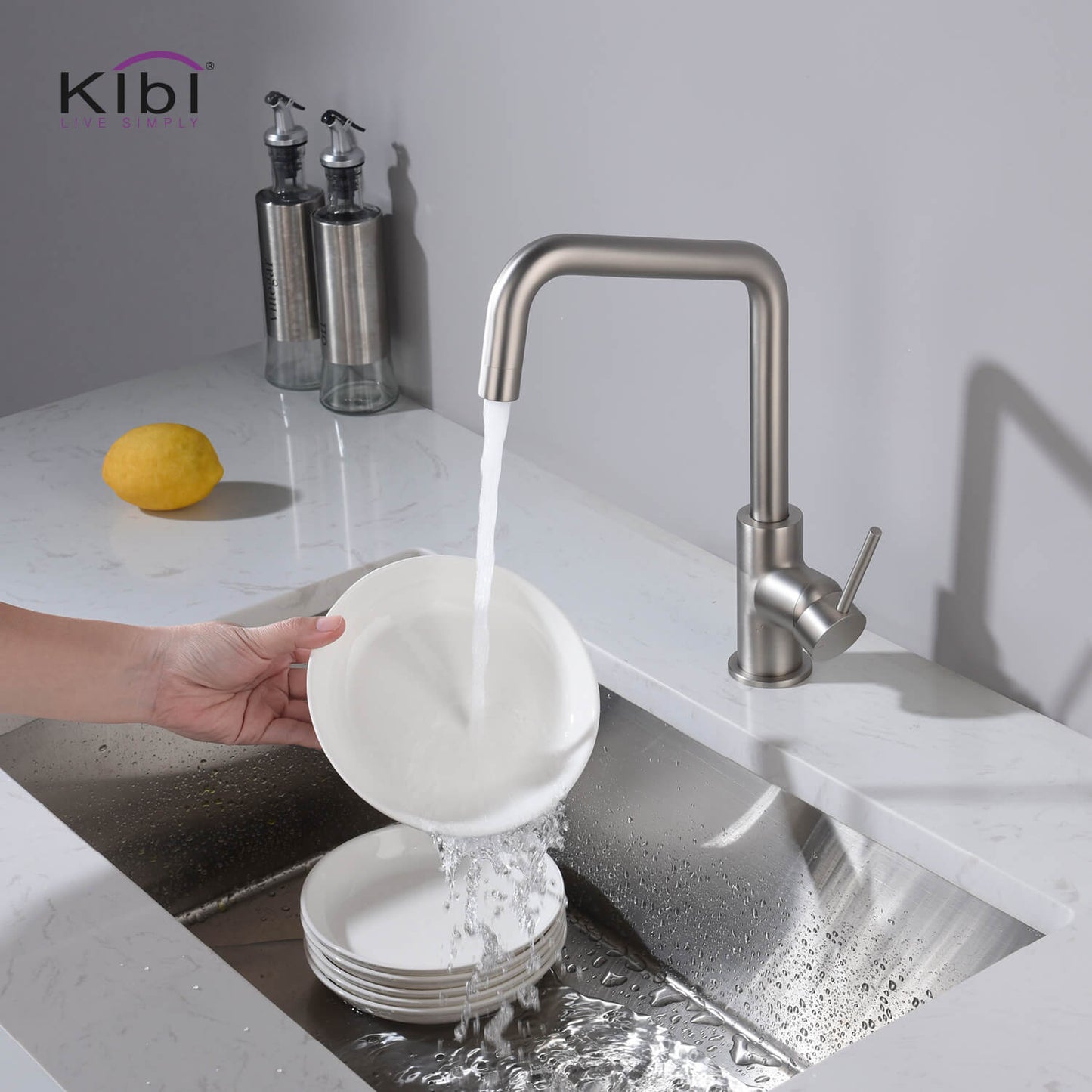Kibi Macon Single Handle High Arc Kitchen Bar Sink Faucet With Soap Dispenser in Brushed Nickel Finish - C-KKF2012BN-KSD100BN