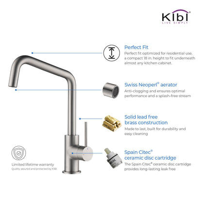 Kibi Macon Single Handle High Arc Kitchen Bar Sink Faucet With Soap Dispenser in Brushed Nickel Finish - C-KKF2012BN-KSD100BN