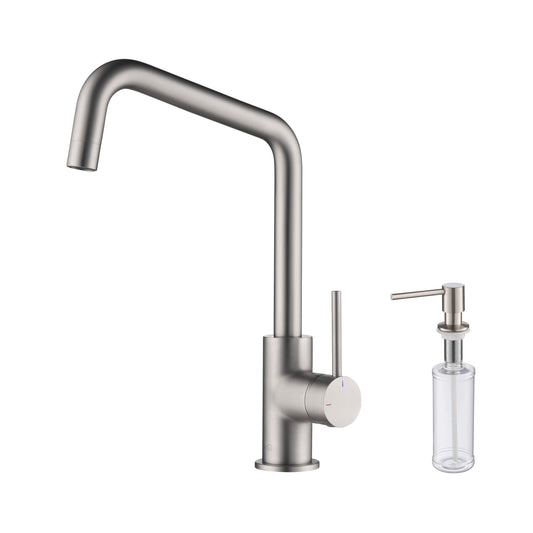 Kibi Macon Single Handle High Arc Kitchen Bar Sink Faucet With Soap Dispenser in Brushed Nickel Finish - C-KKF2012BN-KSD100BN