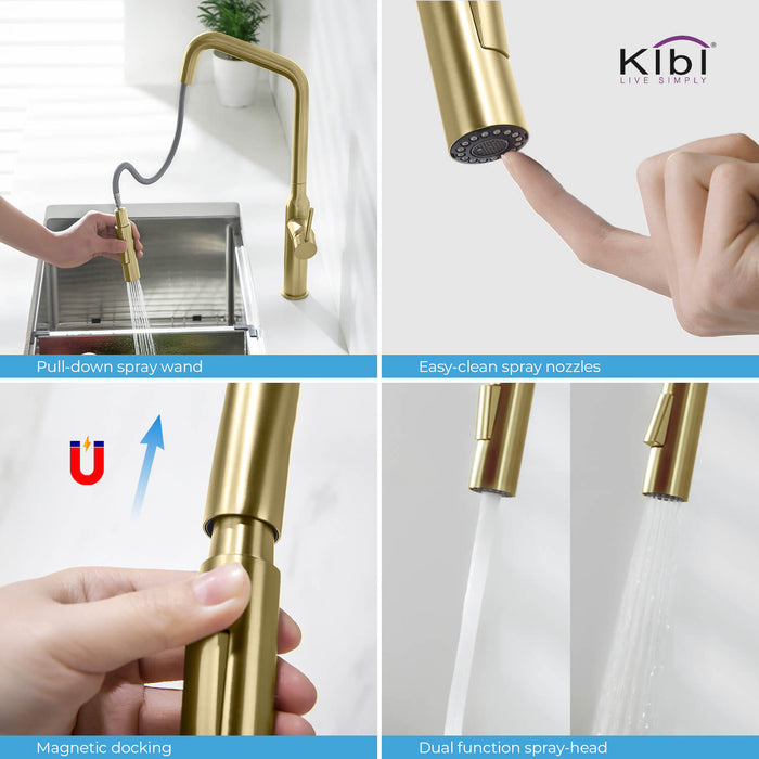 Kibi Macon Single Handle High Arc Pull Down Kitchen Faucet With Soap Dispenser in Brushed Gold Finish - C-KKF2007BG-KSD100BG