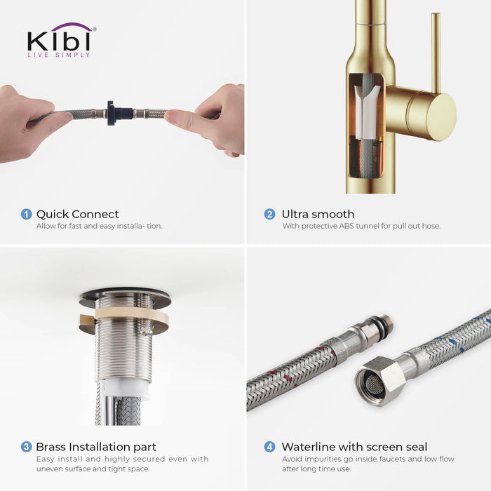 Kibi Macon Single Handle High Arc Pull Down Kitchen Faucet With Soap Dispenser in Brushed Gold Finish - C-KKF2007BG-KSD100BG