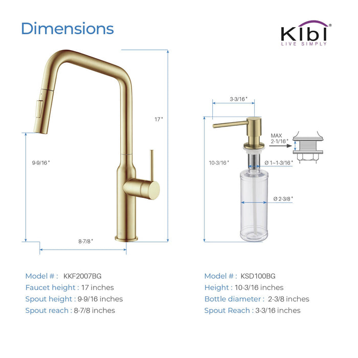 Kibi Macon Single Handle High Arc Pull Down Kitchen Faucet With Soap Dispenser in Brushed Gold Finish - C-KKF2007BG-KSD100BG