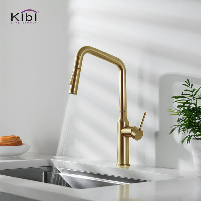 Kibi Macon Single Handle High Arc Pull Down Kitchen Faucet With Soap Dispenser in Brushed Gold Finish - C-KKF2007BG-KSD100BG