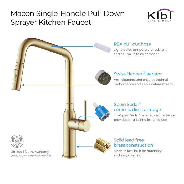 Kibi Macon Single Handle High Arc Pull Down Kitchen Faucet With Soap Dispenser in Brushed Gold Finish - C-KKF2007BG-KSD100BG