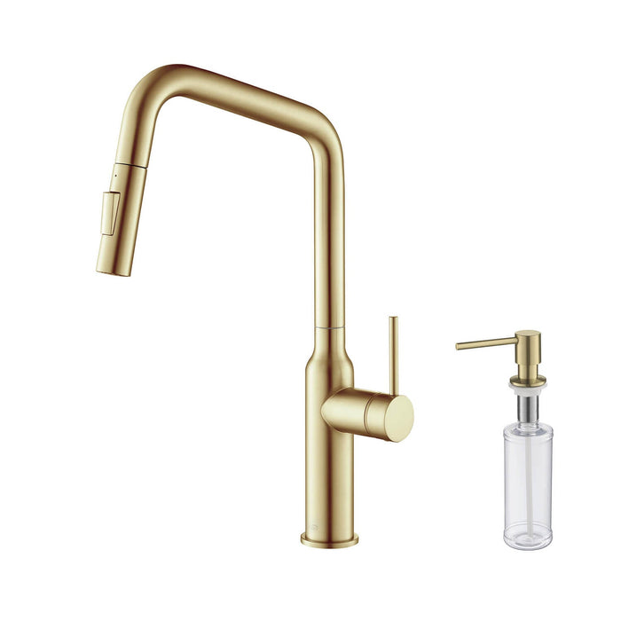 Kibi Macon Single Handle High Arc Pull Down Kitchen Faucet With Soap Dispenser in Brushed Gold Finish - C-KKF2007BG-KSD100BG