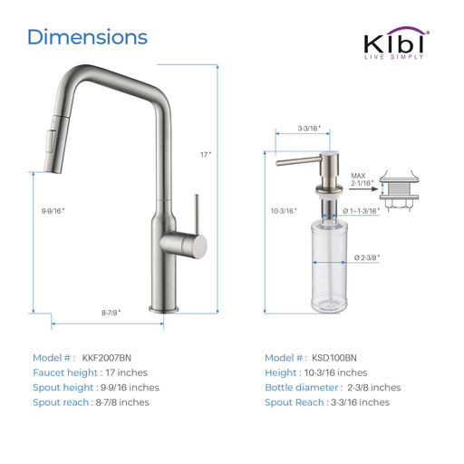 Kibi Macon Single Handle High Arc Pull Down Kitchen Faucet With Soap Dispenser in Brushed Nickel Finish - C-KKF2007BN-KSD100BN