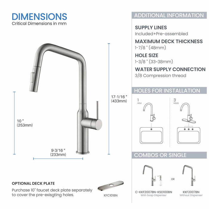 Kibi Macon Single Handle High Arc Pull Down Kitchen Faucet With Soap Dispenser in Brushed Nickel Finish - C-KKF2007BN-KSD100BN