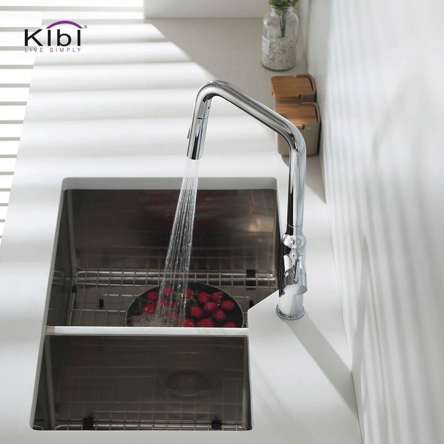 Kibi Macon Single Handle High Arc Pull Down Kitchen Faucet With Soap Dispenser in Chrome Finish - C-KKF2007CH-KSD100CH