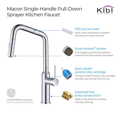 Kibi Macon Single Handle High Arc Pull Down Kitchen Faucet With Soap Dispenser in Chrome Finish - C-KKF2007CH-KSD100CH