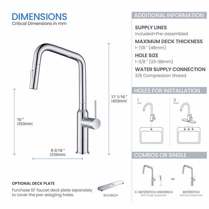 Kibi Macon Single Handle High Arc Pull Down Kitchen Faucet With Soap Dispenser in Chrome Finish - C-KKF2007CH-KSD100CH