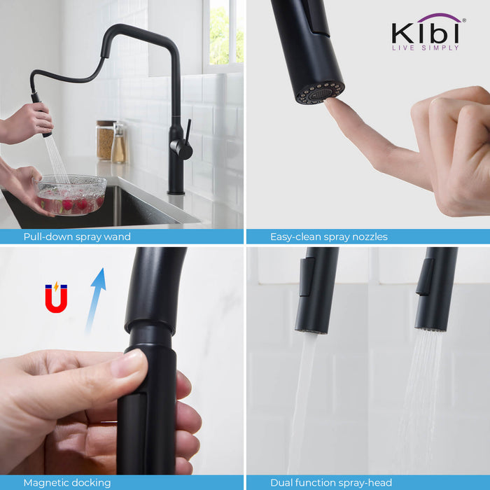 Kibi Macon Single Handle High Arc Pull Down Kitchen Faucet With Soap Dispenser in Matte Black Finish - C-KKF2007MB-KSD100MB