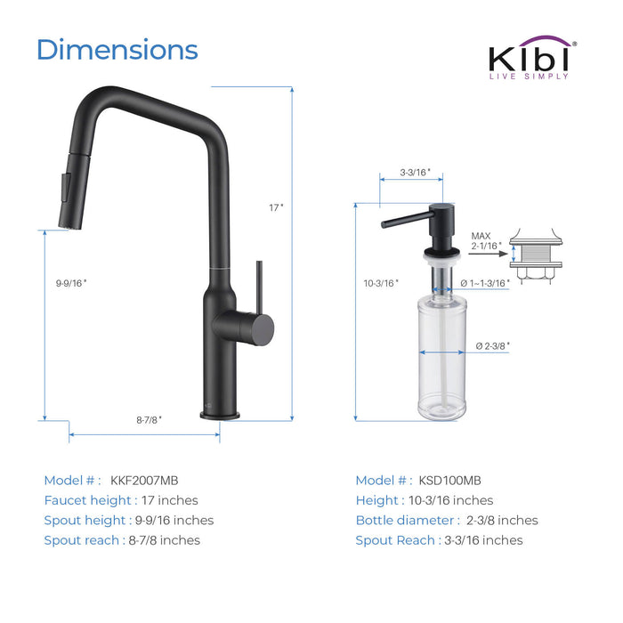 Kibi Macon Single Handle High Arc Pull Down Kitchen Faucet With Soap Dispenser in Matte Black Finish - C-KKF2007MB-KSD100MB