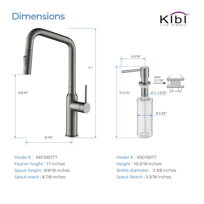 Kibi Macon Single Handle High Arc Pull Down Kitchen Faucet With Soap Dispenser in Titanium Finish - C-KKF2007TT-KSD100TT