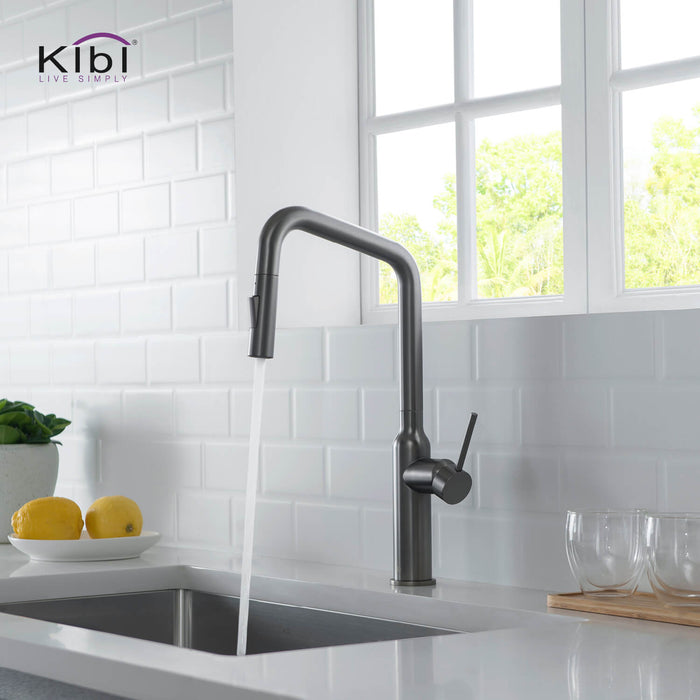 Kibi Macon Single Handle High Arc Pull Down Kitchen Faucet With Soap Dispenser in Titanium Finish - C-KKF2007TT-KSD100TT